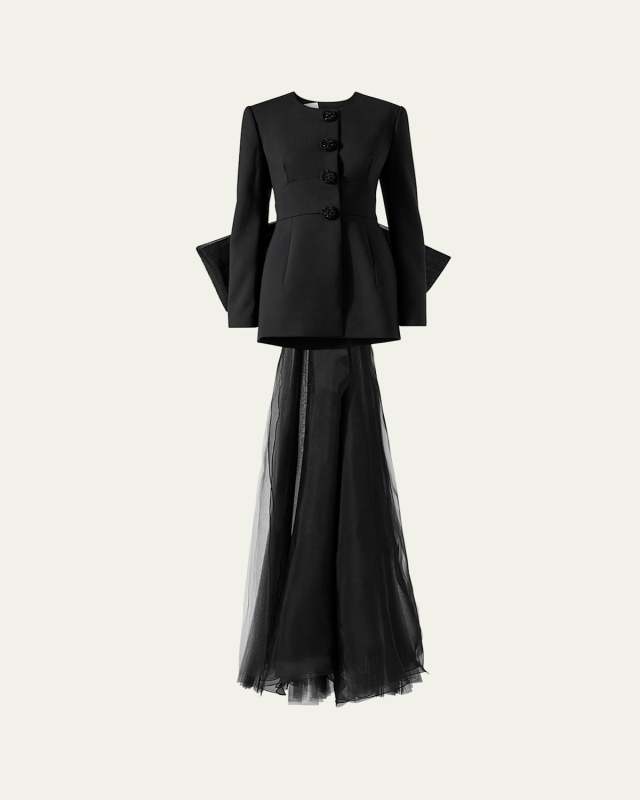 Open-Back Collarless Jacket With Removable Bow